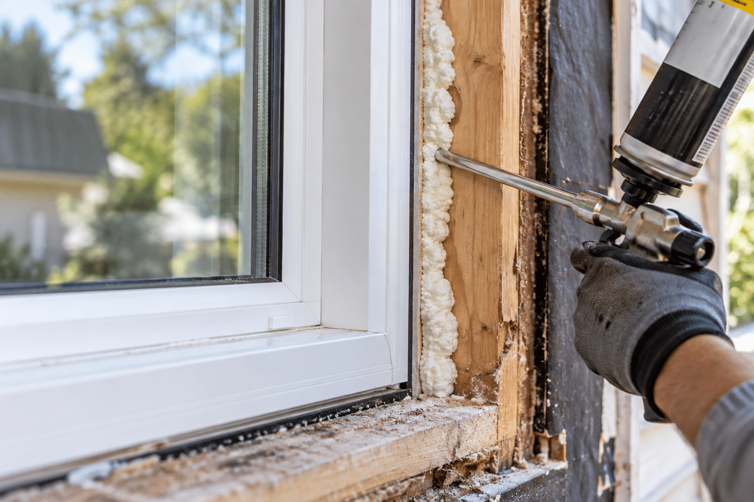 Contractor applying foam insulation around a replacement window to help seal gaps and reduce air infiltration.