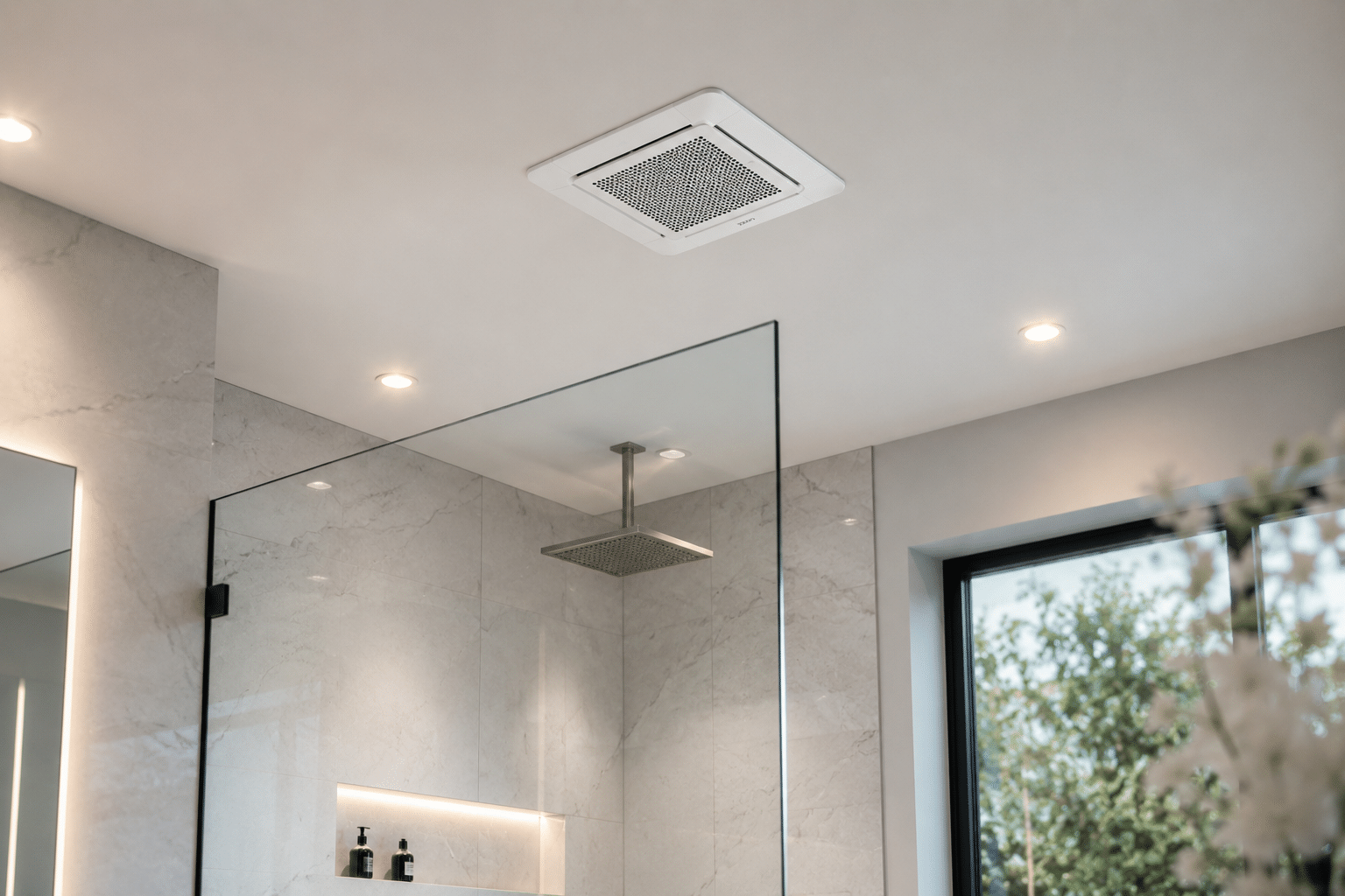 Modern bathroom exhaust fan installed in a luxury bathroom to improve ventilation and reduce humidity