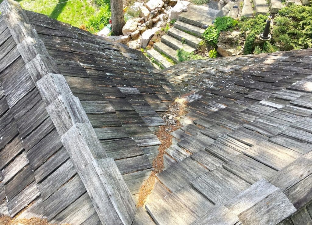 debris on cedar shake before metal roof