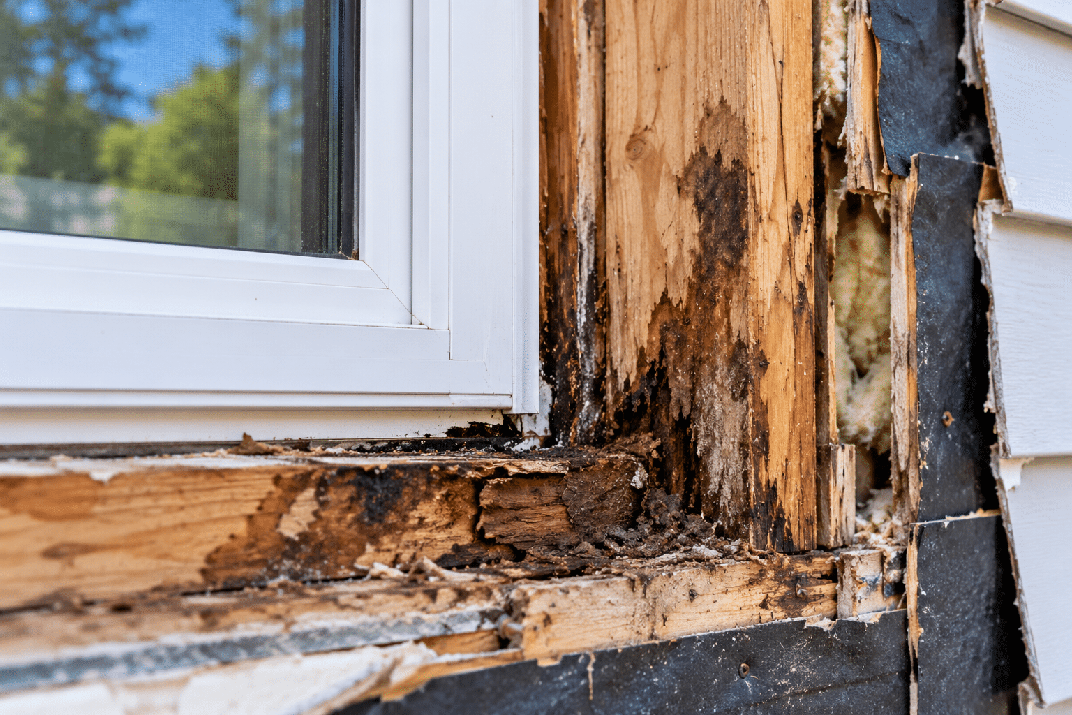 Water-damaged and deteriorating wood exposed around a window after exterior materials were removed.