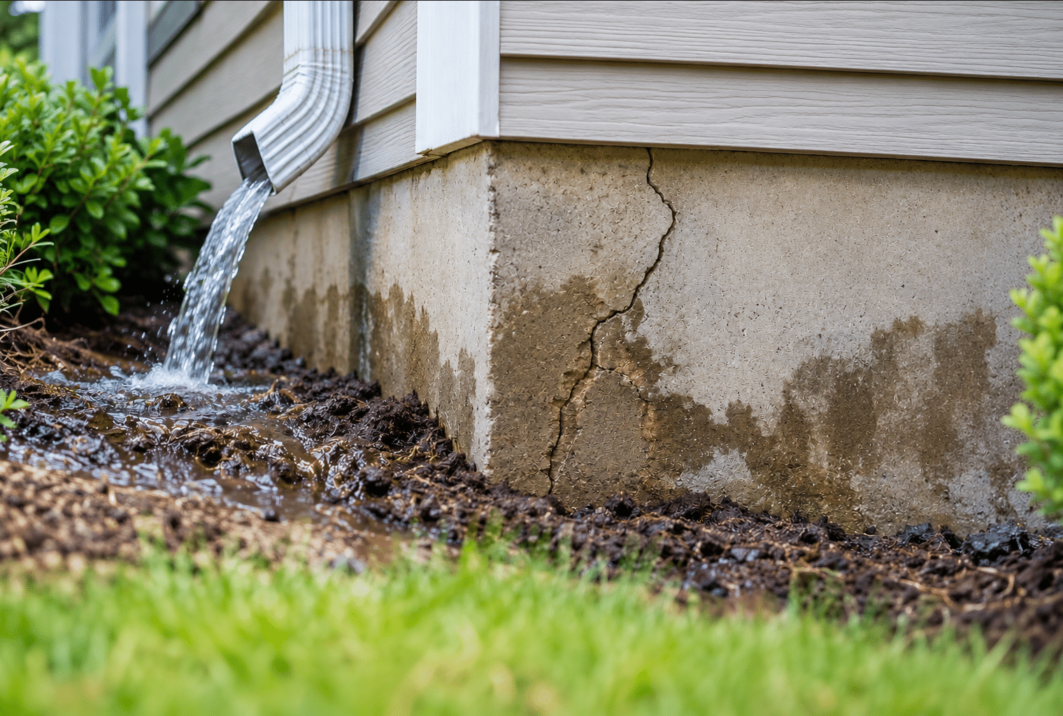 Water pooling near a home’s foundation due to improper gutter drainage.