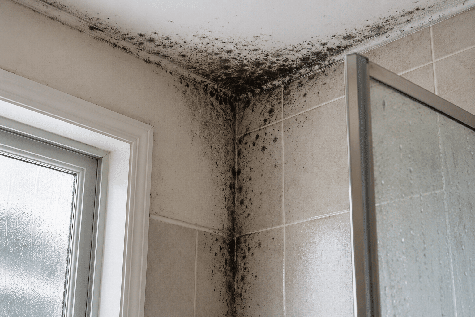 Mold growth forming in the corner of a bathroom ceiling near a shower and window