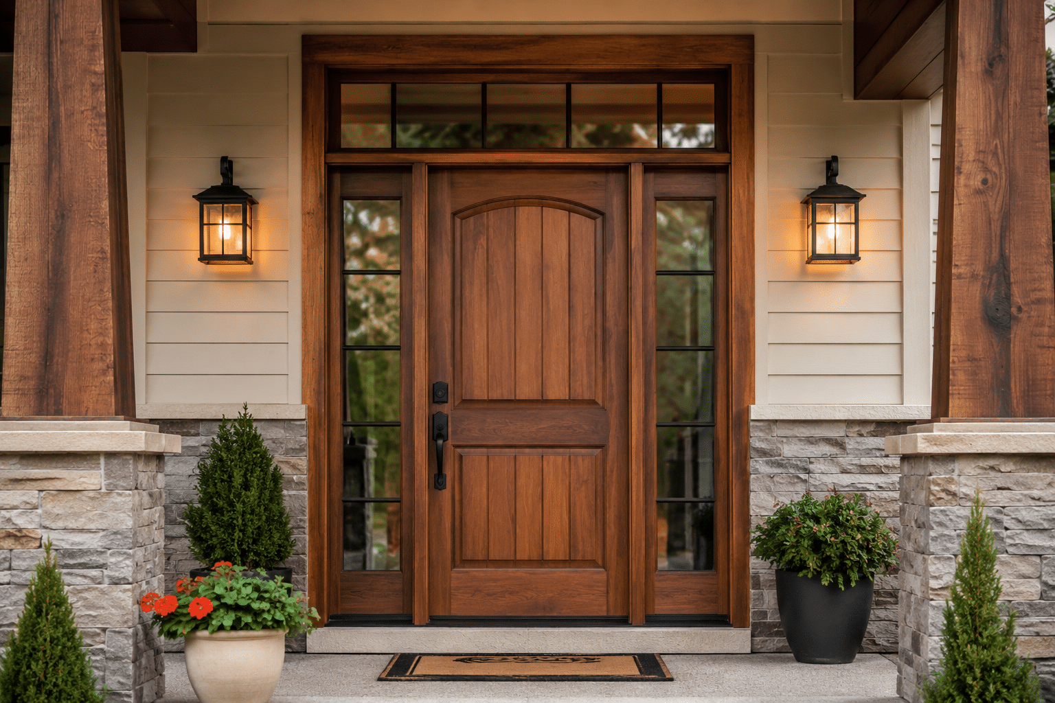 Wood front entry door with sidelights and modern exterior home design featuring stone accents and outdoor lighting